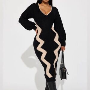 Fashion Nova Black and Cream Long Sleeve Dress